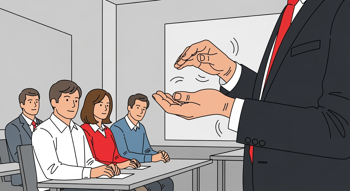 Gestik bei kleinem Publikum (bis 10 Personen): Dezente, körpernahe Bewegungen aus den Handgelenken.